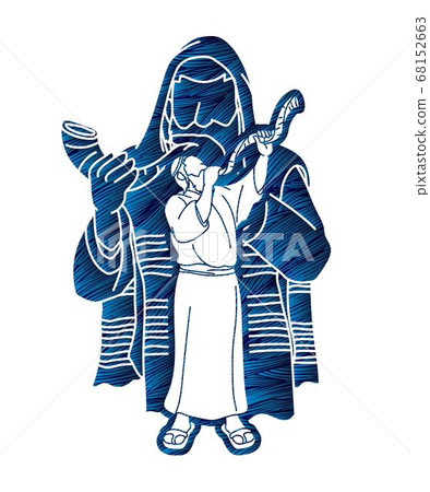 Group of Jewish blowing the shofar horn cartoon graphic vector. 68152663