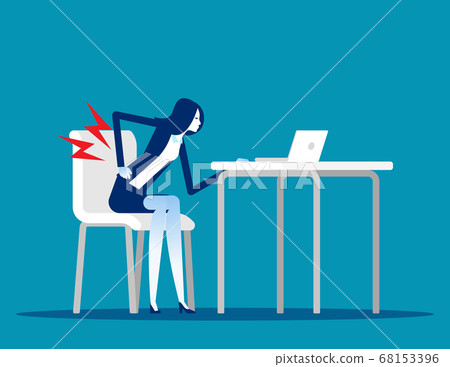 Businesswoman with back pain from wrong way to sit Businesswoman with back pain from wrong way to sit 68153396