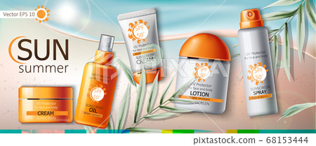 Set Of Sunscreen Cream, Lotion, Spray And Oil. Uv - Stock Illustration 