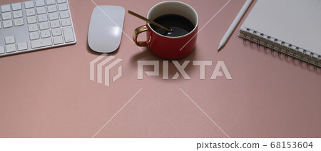 Workspace with coffee cup, stationery, keyboard, 68153604