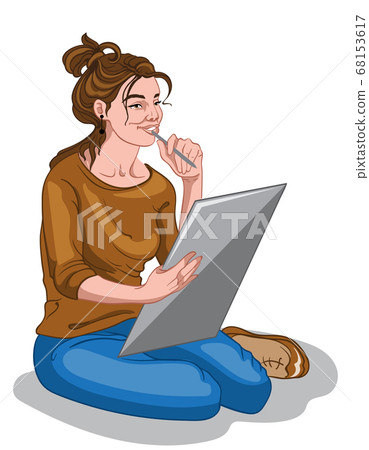 Young painter girl in brown sweater and blue jeans Young painter girl in brown sweater and blue jeans 68153617