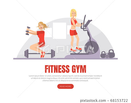 Fitness Gym Landing Page Template, Girls Training Using Elliptical Trainer and Dumbbells, People Doing Physical Activity and Sports Vector Illustration Fitness Gym Landing Page Template, Girls Training Using Elliptical Trainer and Dumbbells, People Doing Physical Activity and Sports Vector Illustration 68153722