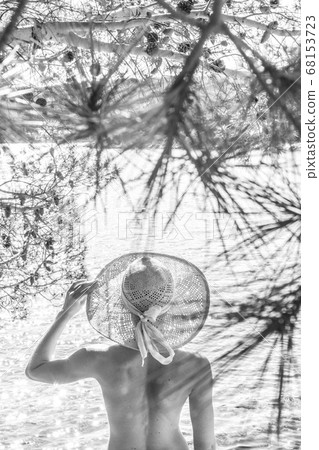 Rear view of topless beautiful woman wearing nothing but straw sun hat realaxing on wild coast of Adriatic sea on beach in shade of pine tree. Relaxed healthy lifestyle concept. Black and white image 68153723