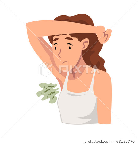 Sweating Young Woman Feeling Bad Smell Coming From Her Own Armpits Vector Illustration 68153776