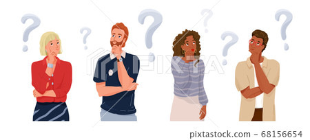Think people portrait collection with question sign. Different nationality thoughtful men and women thinking about solve problems. Vector illustration of brainstorm banner background 68156654