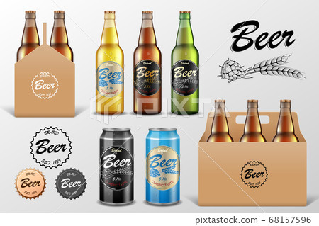 Realistic set of glass Beer bottle in packaging box on transparent background. Beer template and Tin Can Mockup for restaurant or Bar Branding. Vector illustration. 68157596