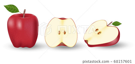 Red whole apple and a half of apple. Fresh fruit isolated on white. Vector illustration Red whole apple and a half of apple. Fresh fruit isolated on white. Vector illustration 68157601