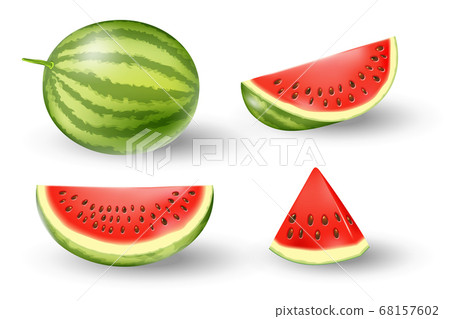 Realistic fresh watermelon set. Juicy watermelon isolated on white. Tropical fruits vector illustration Realistic fresh watermelon set. Juicy watermelon isolated on white. Tropical fruits vector illustration 68157602