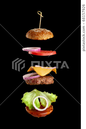 Flying ingredients of a classic cheeseburger 68157926