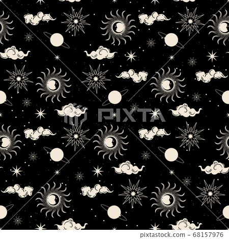 Seamless pattern. Zodiac circle, moon face, face of the sun, planet and galaxy. Seamless pattern. Zodiac circle, moon face, face of the sun, planet and galaxy. 68157976
