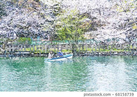 [春夢]櫻花盛開的池塘里的船[彩色鉛筆] 68158739