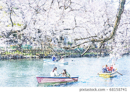 [Spring Dream] Boats in a pond with cherry blossoms in full bloom [Colored pencils] 68158741