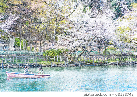 [春夢]櫻花盛開的池塘里的船[彩色鉛筆] 68158742