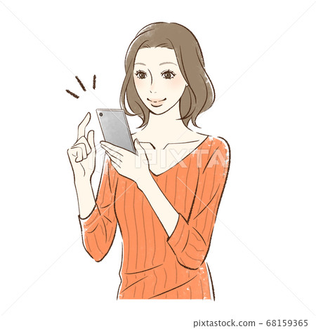 A woman who smiles and operates a smartphone 68159365