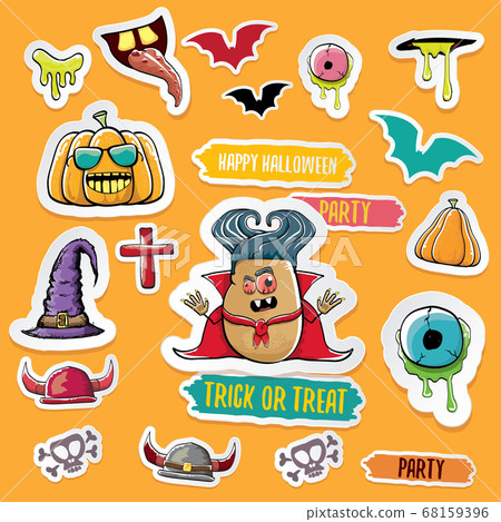 Vector halloween sticker icons set with dracula, witch hat, scary pumpkin, bat , skull, happy halloween text, demon and zombie eyes, wooden cemetry cross, monsters isolated on orange background. 68159396