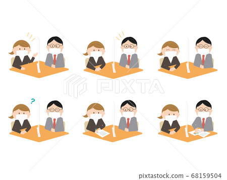 A set of an office worker and a businessman who wear a mask over an acrylic board and talk face-to-face A set of an office worker and a businessman who wear a mask over an acrylic board and talk face-to-face 68159504
