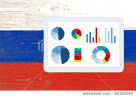 colorful dashboard over russia flag painted table 68160389