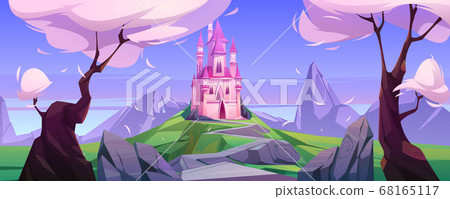 Vector cartoon magic pink castle in mountains 68165117