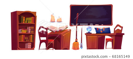 Magic school interior with open book of spell Magic school interior with open book of spell 68165149