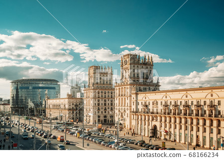 Minsk, Belarus. Two Buildings Towers Symbolizing The Gates Of Minsk, Station Square. Crossing The Streets Of Kirova And Bobruyskaya. Soviet Heritage, Urban Style. Famous Landmark 68166234