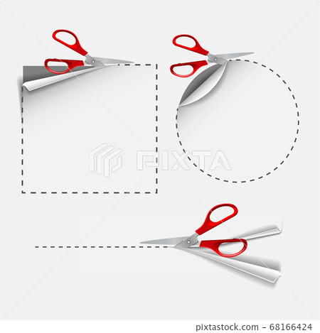 Scissors with red plastic handles cut round and square stickers. 68166424