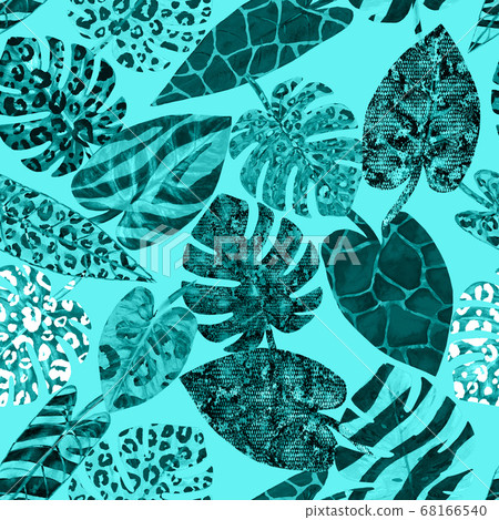 Watercolor surreal abstract seamless pattern with tropical exotic plants 68166540