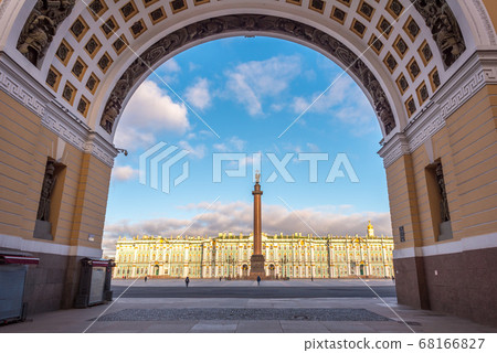 Saint Petersburg, Russia. Palace Square and Winter Palace (The Hermitage) through Triumphal Arch of General Staff Building. Saint Petersburg, Russia. Palace Square and Winter Palace (The Hermitage) through Triumphal Arch of General Staff Building. 68166827