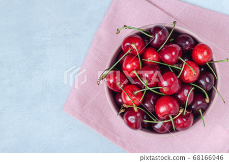 Cherry with leaf on plate and water dropsand on Cherry with leaf on plate and water dropsand on 68166946