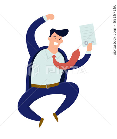 Happy businessman signed a contract. Jumping man. Vector illustration Happy businessman signed a contract. Jumping man. Vector illustration 68167166