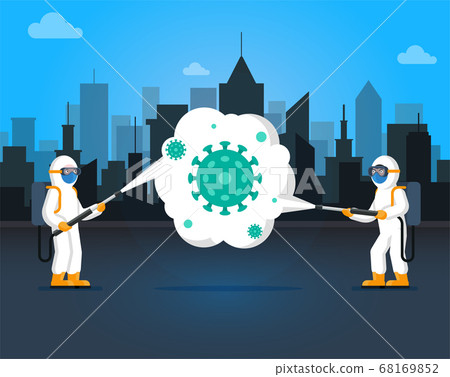 People in hazmat suits cleaning and disinfecting 68169852