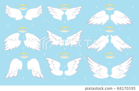 Angel wings set with gold nimbus cartoon vector 68170195