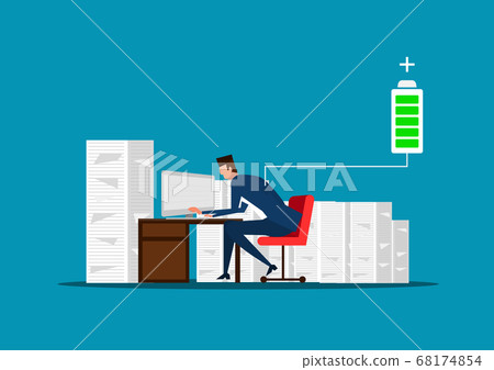businessman or manager sitting near the pile of documents. full energy to work. charged battery. illustration 68174854