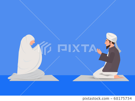 muslim man and woman prayer blue background. muslim man and woman prayer blue background. 68175734