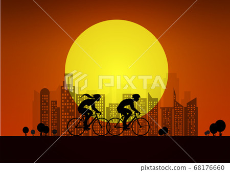 Couple on bikes in city. illustration with silhouettes of of two cyclists . sunset background 68176660