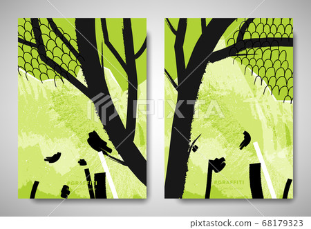 Cover template design, ripped torn paper tree with abstract hand drawn art elements, black and green Cover template design, ripped torn paper tree with abstract hand drawn art elements, black and green 68179323