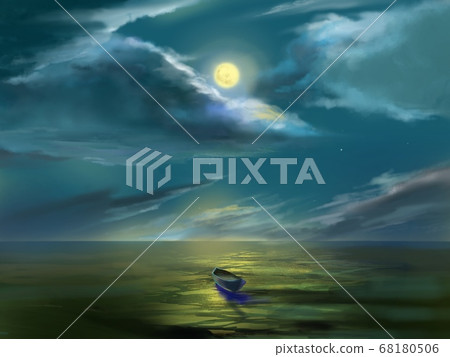 Canoe floating in the night sky with stars, moon and sea Canoe floating in the night sky with stars, moon and sea 68180506
