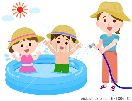 Illustration of a girl and a boy playing in a vinyl pool 68180638