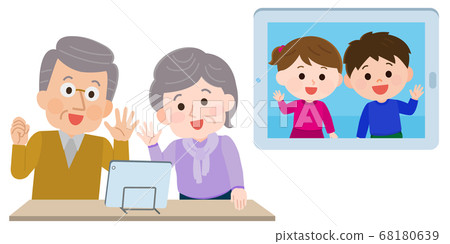 Online homecoming Illustration of grandparents and grandchildren making videophone calls on a tablet 68180639