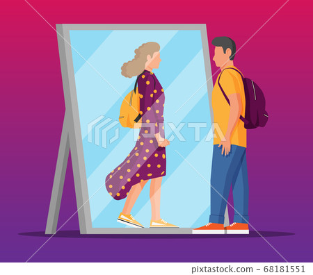 Man transgender looking in mirror and seeing woman 68181551