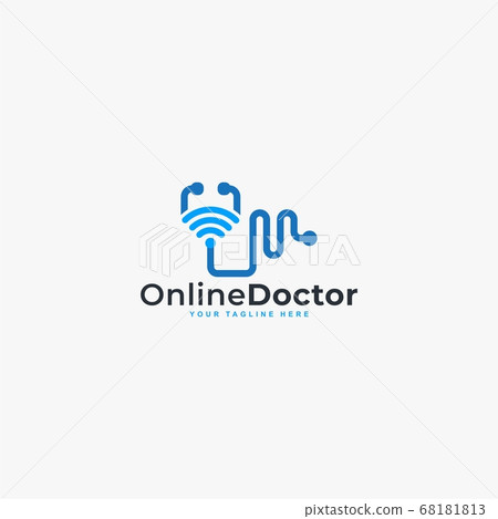 Doctor online virtual services logo design vector. Consultation to doctors via digital remote illustration symbol. Tele medicine service vector logo. Stethoscope and signal vector icons. Doctor online virtual services logo design vector. Consultation to doctors via digital remote illustration symbol. Tele medicine service vector logo. Stethoscope and signal vector icons. 68181813