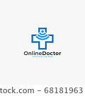 Doctor online virtual services logo design vector. Consultation to doctors via digital remote illustration symbol. Tele medicine service vector logo. Stethoscope and signal vector icons. 68181963