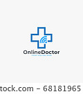 Doctor online virtual services logo design vector. Consultation to doctors via digital remote illustration symbol. Tele medicine service vector logo. Stethoscope and signal vector icons. 68181965