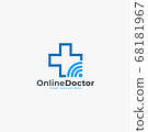 Doctor online virtual services logo design vector. Consultation to doctors via digital remote illustration symbol. Tele medicine service vector logo. Stethoscope and signal vector icons. 68181967