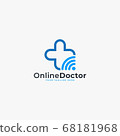 Doctor online virtual services logo design vector. Consultation to doctors via digital remote illustration symbol. Tele medicine service vector logo. Stethoscope and signal vector icons. 68181968