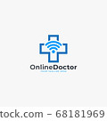Doctor online virtual services logo design vector. Consultation to doctors via digital remote illustration symbol. Tele medicine service vector logo. Stethoscope and signal vector icons. 68181969