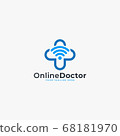 Doctor online virtual services logo design vector. Consultation to doctors via digital remote illustration symbol. Tele medicine service vector logo. Stethoscope and signal vector icons. 68181970