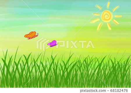 Illustration of butterflys wellcoming the spring on a sunny day above the green lawn field Illustration of butterflys wellcoming the spring on a sunny day above the green lawn field 68182476