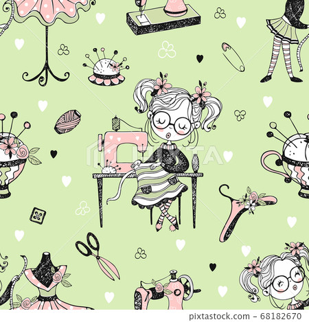 Seamless pattern with cute little dressmaker and sewing accessories. Vector 68182670