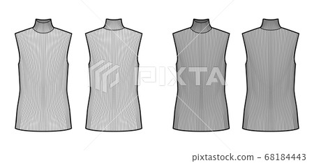 Turtleneck rib sweater technical fashion illustration with oversized tunic length body, sleeveless jumper. Turtleneck rib sweater technical fashion illustration with oversized tunic length body, sleeveless jumper. 68184443