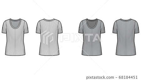 Ribbed scoop neck knit sweater technical fashion illustration with short rib sleeves, oversized body, tunic length.  68184451